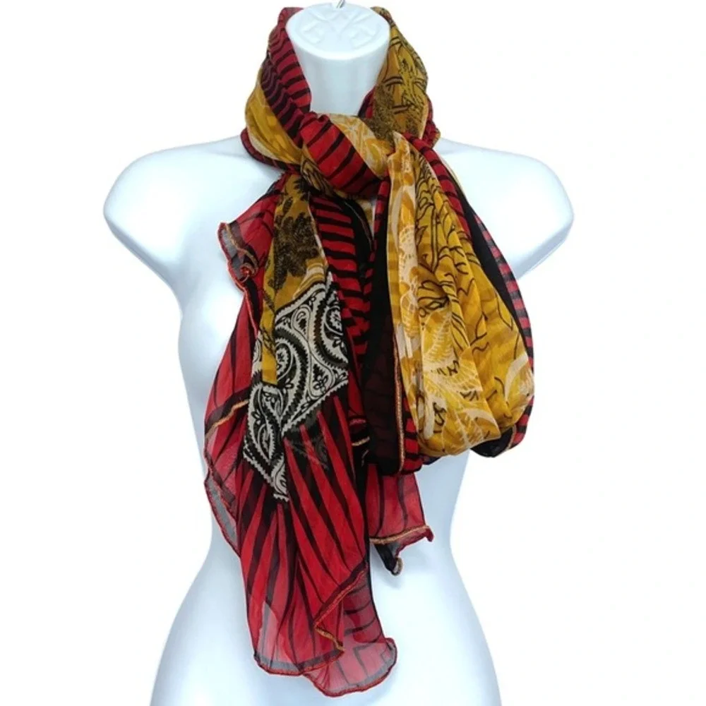 Vintage Style Floral Wrap Shawl Scarf Womens‎ OS Baroque Sheer Red Gold Black